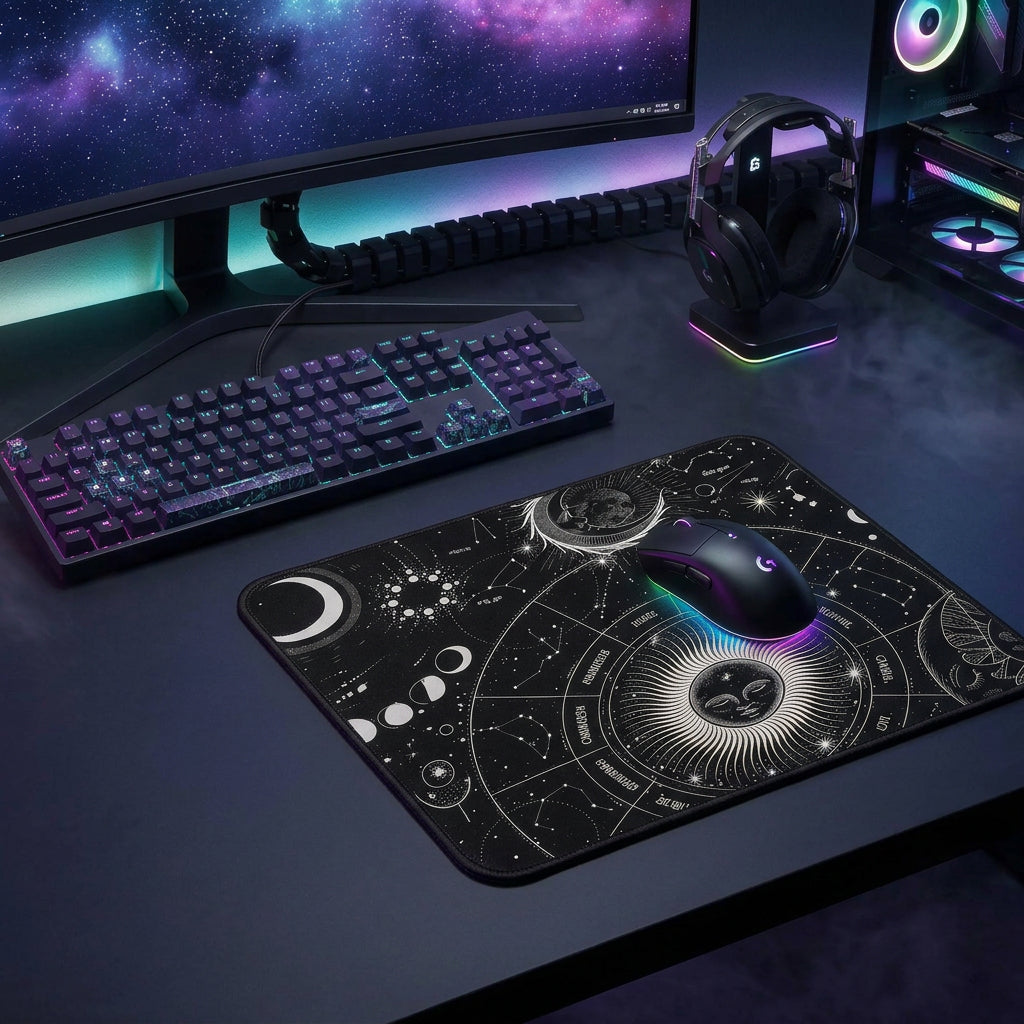 Gaming Mouse Pad – Waterproof Non-Slip Desk Mouse Mat with Stitched Edges | Tarot Sun & Moon (12" × 10")