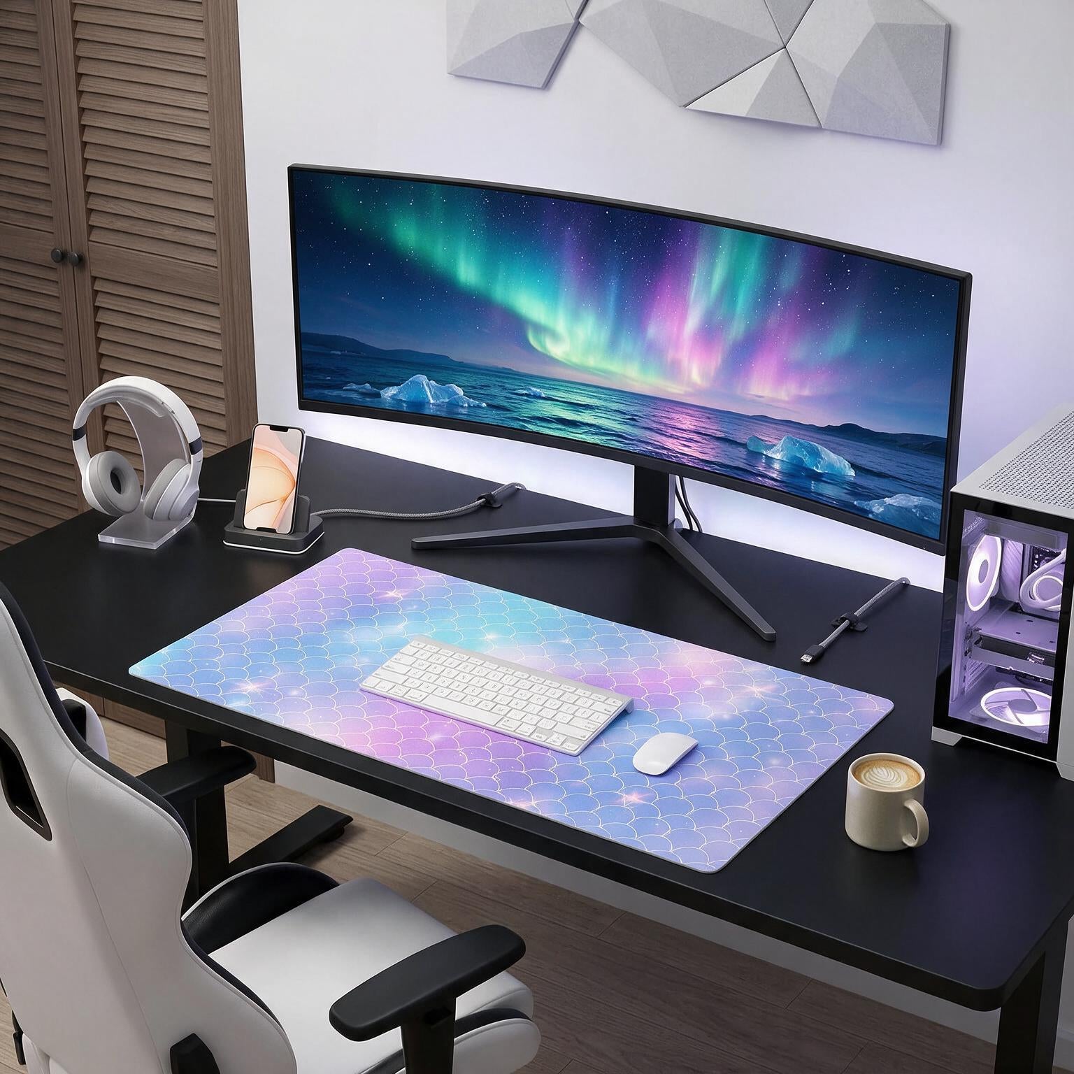 Large Waterproof PU Leather Gaming Desk Mat – Extended Mouse Pad & Desk Protector (31.5" × 15.7") | Gradient Fish Scale